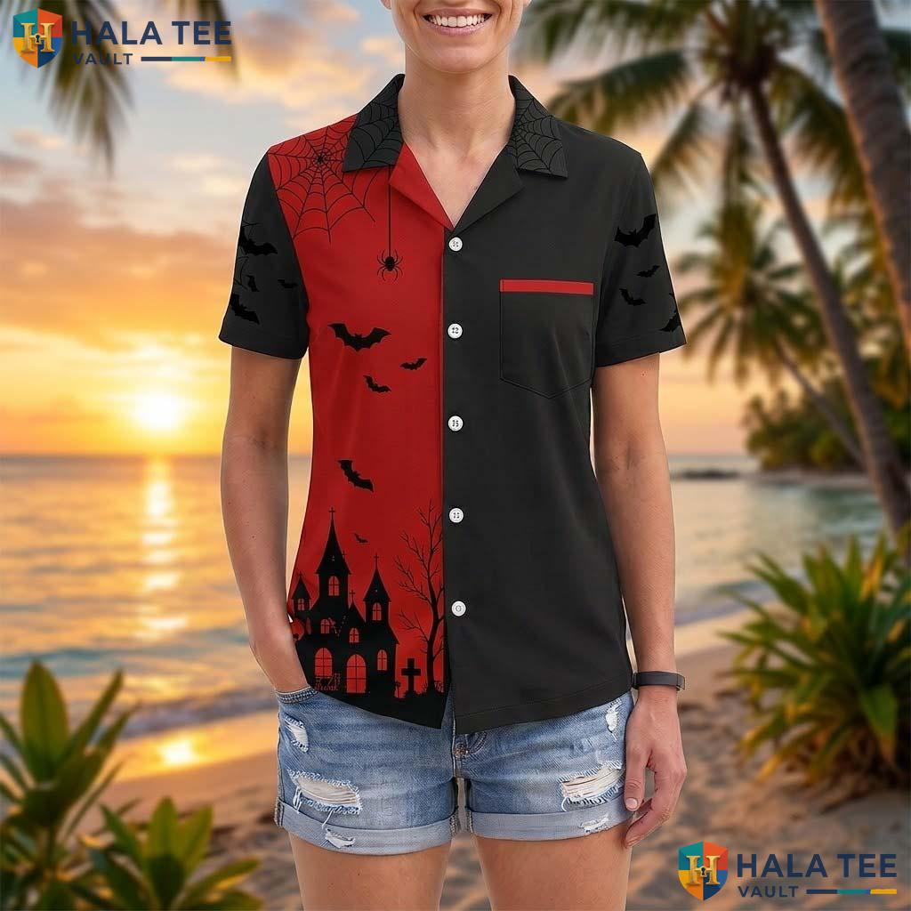 Haunted House Halloween Hawaiian Shirt Spooky Gothic Bat Aloha Top Adult