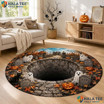 Haunted House Halloween Round Area Rug 3D Ghost Pumpkin Illusion Mat