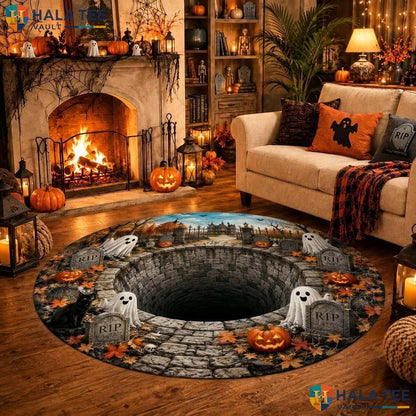 Haunted House Halloween Round Area Rug 3D Ghost Pumpkin Illusion Mat Adult
