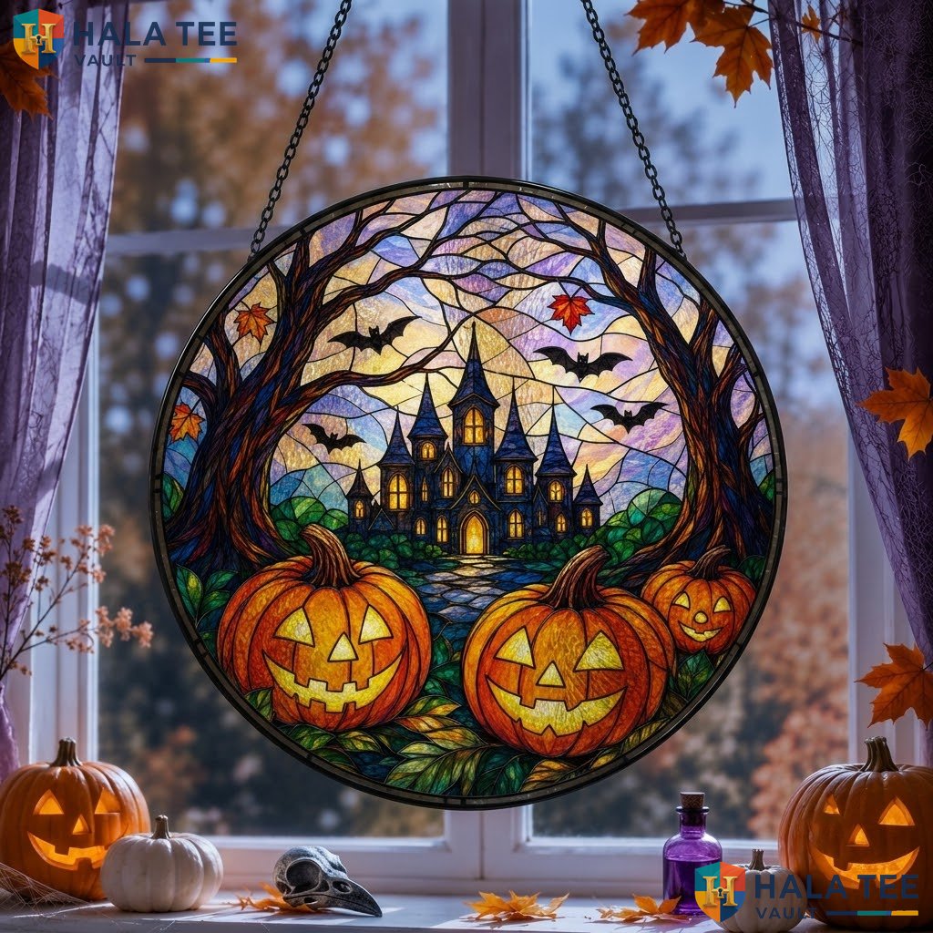 Haunted House Halloween Stained Glass Suncatcher Spooky Pumpkin Bat Window