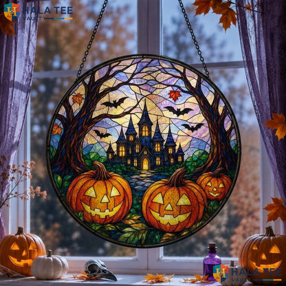 Haunted House Halloween Stained Glass Suncatcher Spooky Pumpkin Bat Window