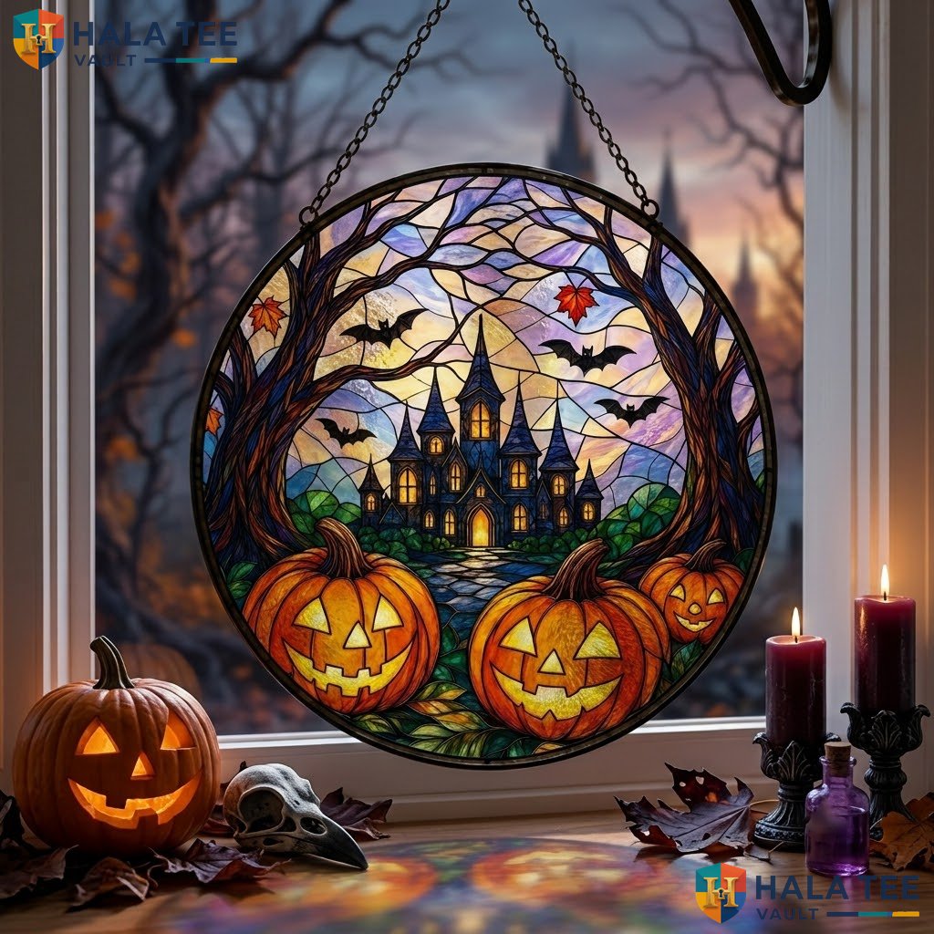 Haunted House Halloween Stained Glass Suncatcher Spooky Pumpkin Bat Window Adult