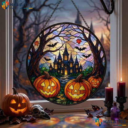 Haunted House Halloween Stained Glass Suncatcher Spooky Pumpkin Bat Window Adult