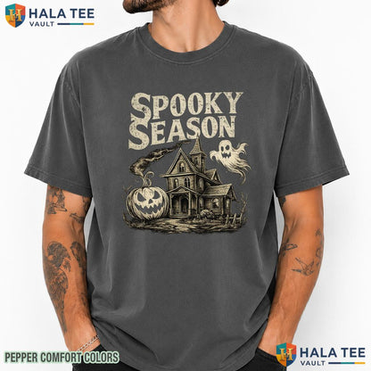 Haunted House Spooky Comfort Colors T Shirt Retro Halloween Ghost Pumpkin Top Heavyweight Cotton T-Shirt