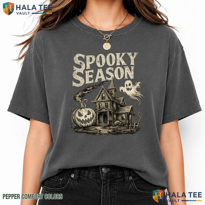 Haunted House Spooky Comfort Colors T Shirt Retro Halloween Ghost Pumpkin Top Relaxed Fit Tee