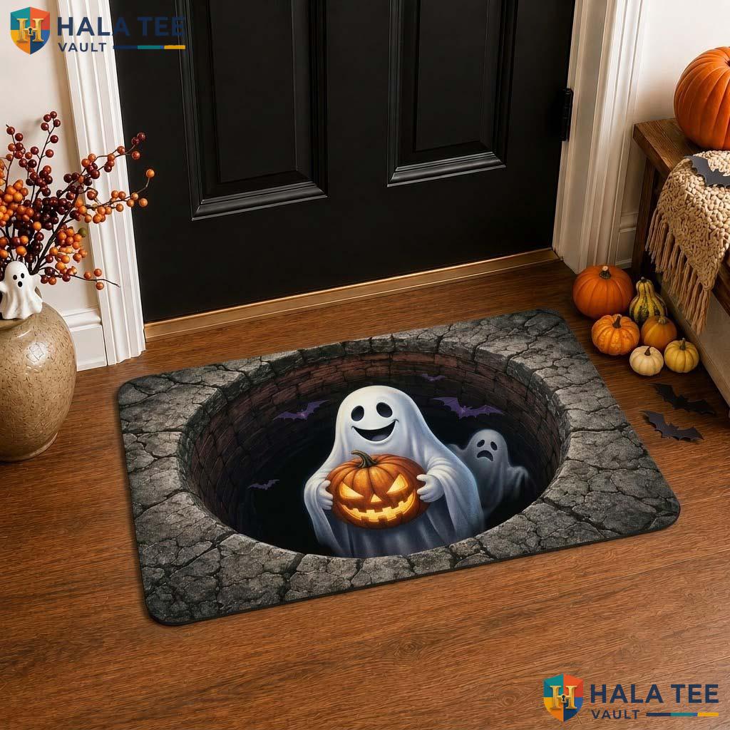 Haunted Well Ghost Halloween Front door mat 3D Illusion Spooky Pumpkin Decor