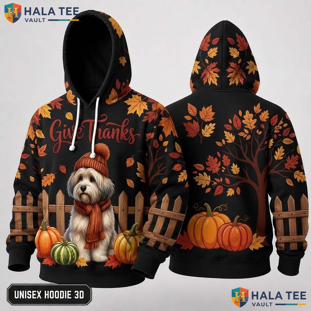 Havanese Pumpkins Leaves Thanksgiving 3D Hoodie Give Thanks Fall Top