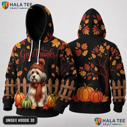 Havanese Pumpkins Leaves Thanksgiving 3D Hoodie Give Thanks Fall Top