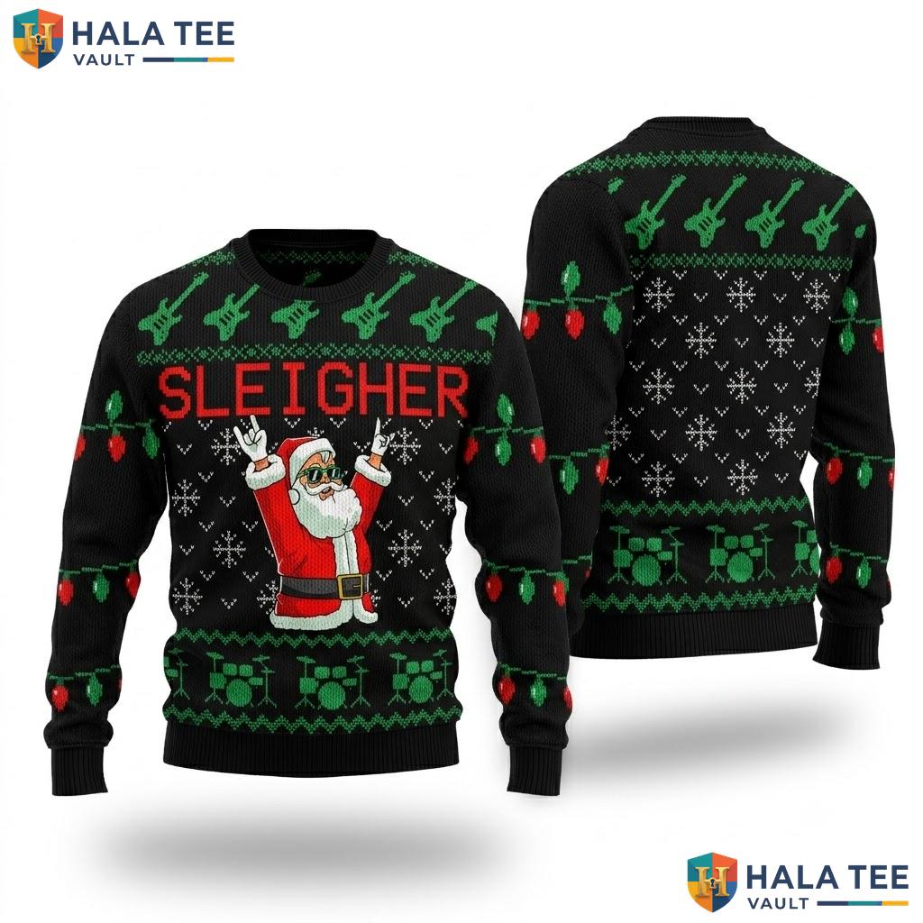 Heavy Metal Sleigh Ugly Christmas Sweater Funny Hail Santa Outfit