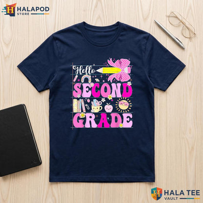 Hello 2nd Grade Bow Shirt Girls Pencil Back To School First Day Apparel Adult