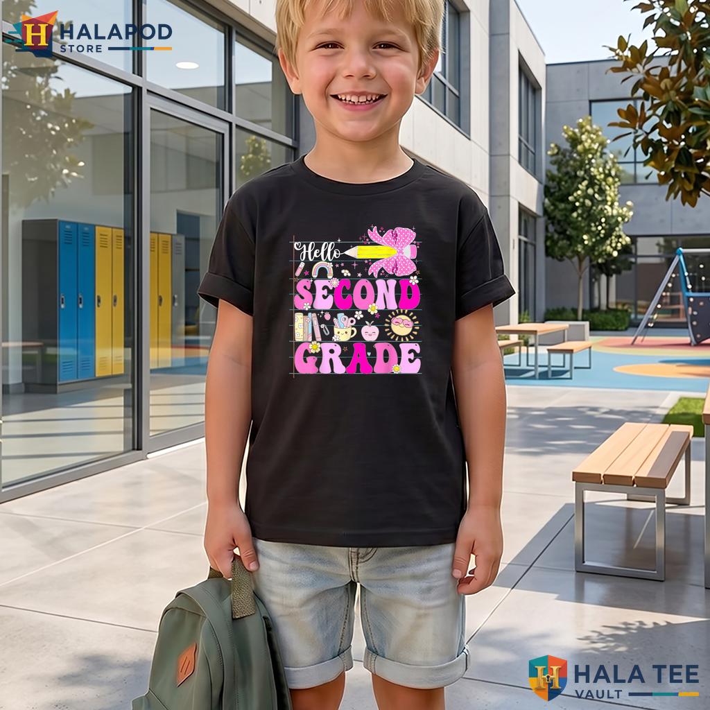 Hello 2nd Grade Bow Shirt Girls Pencil Back To School First Day Apparel Adult