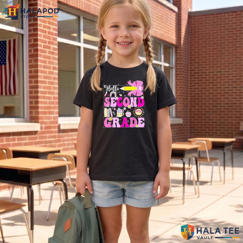 Hello 2nd Grade Bow Shirt Girls Pencil Back To School First Day Apparel Adult