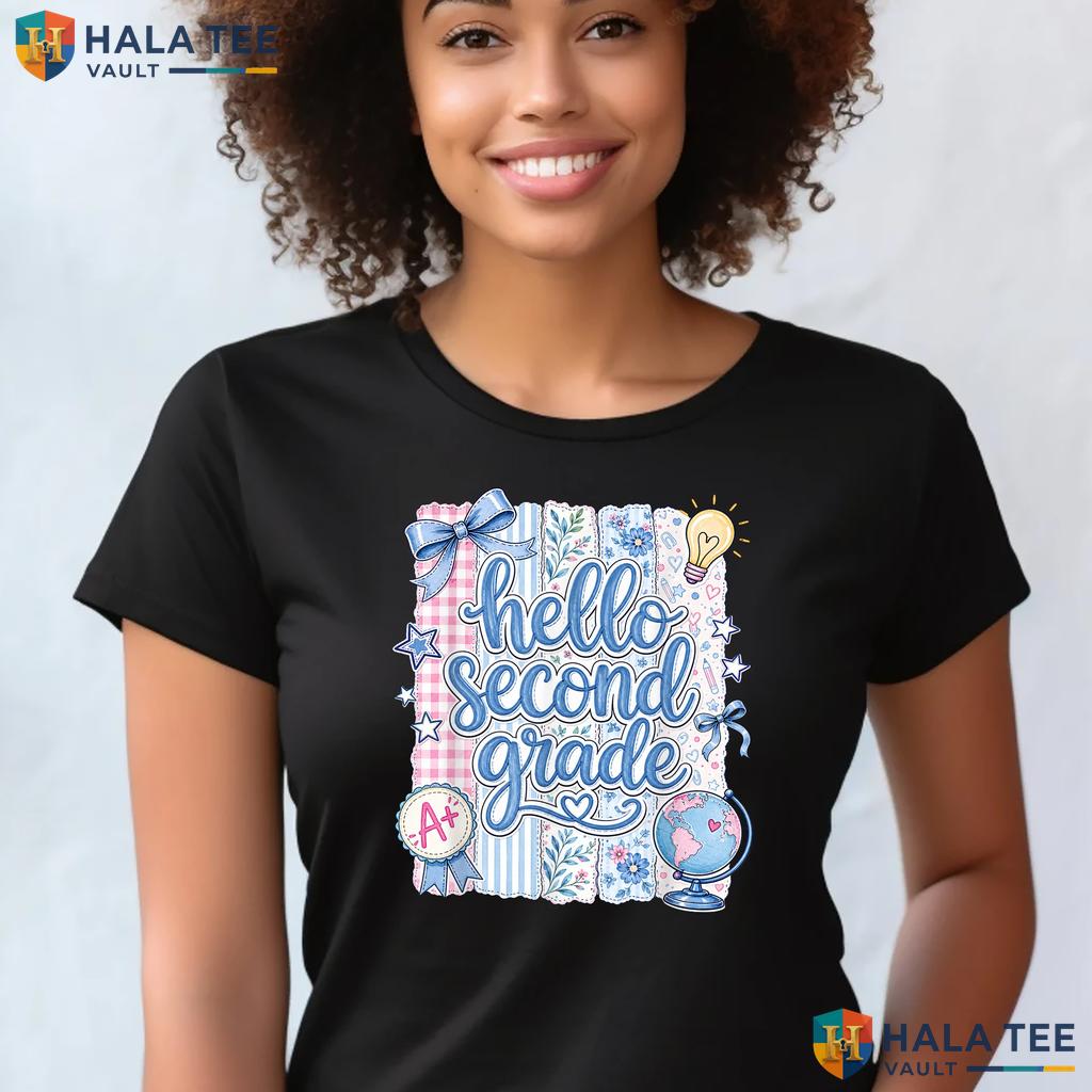 Hello 2nd Grade Stripes Shirt Teacher First Day Of School Graphic Top Adult