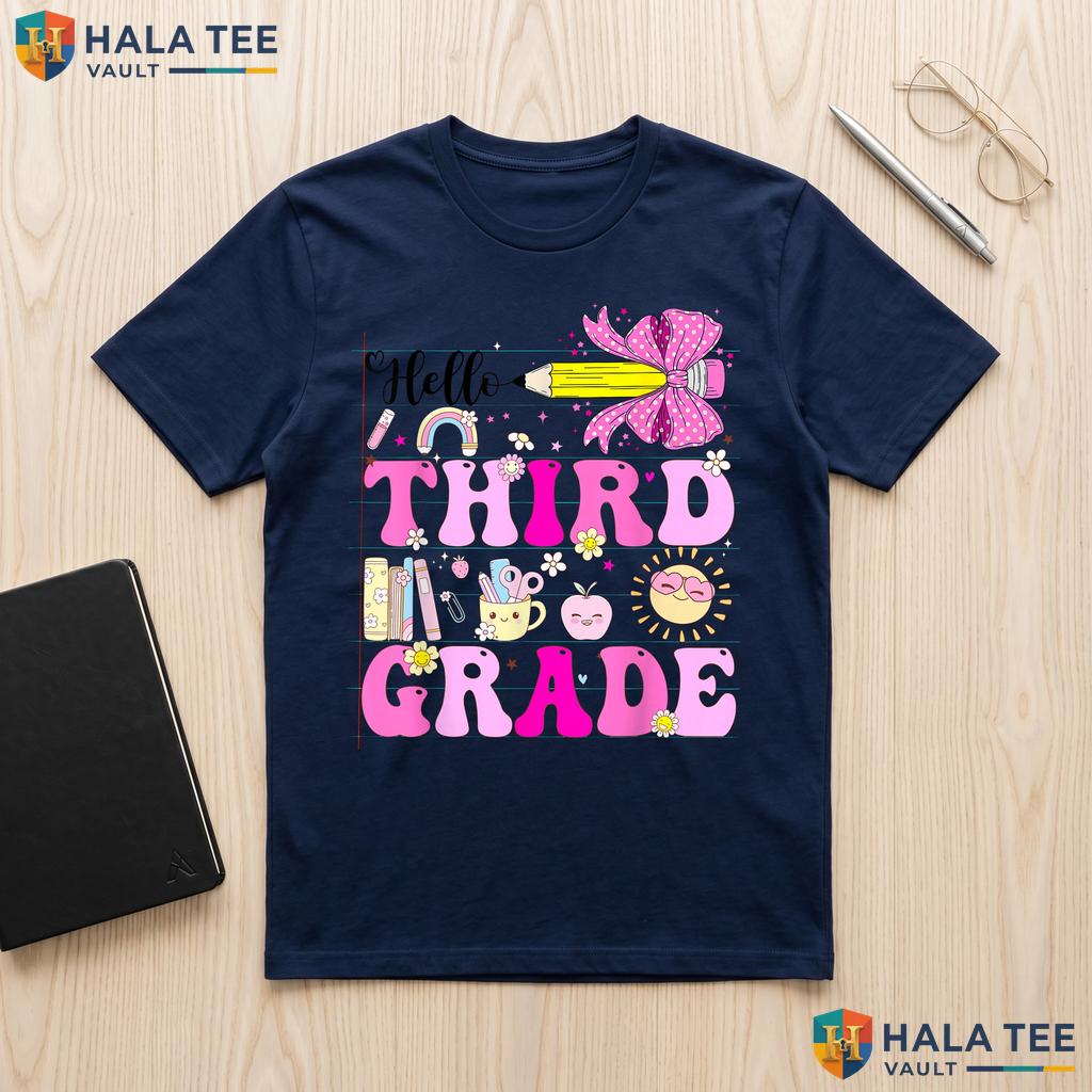 Hello 3rd Grade Pencil Bow Shirt Back To School Girls Graphic Apparel Adult