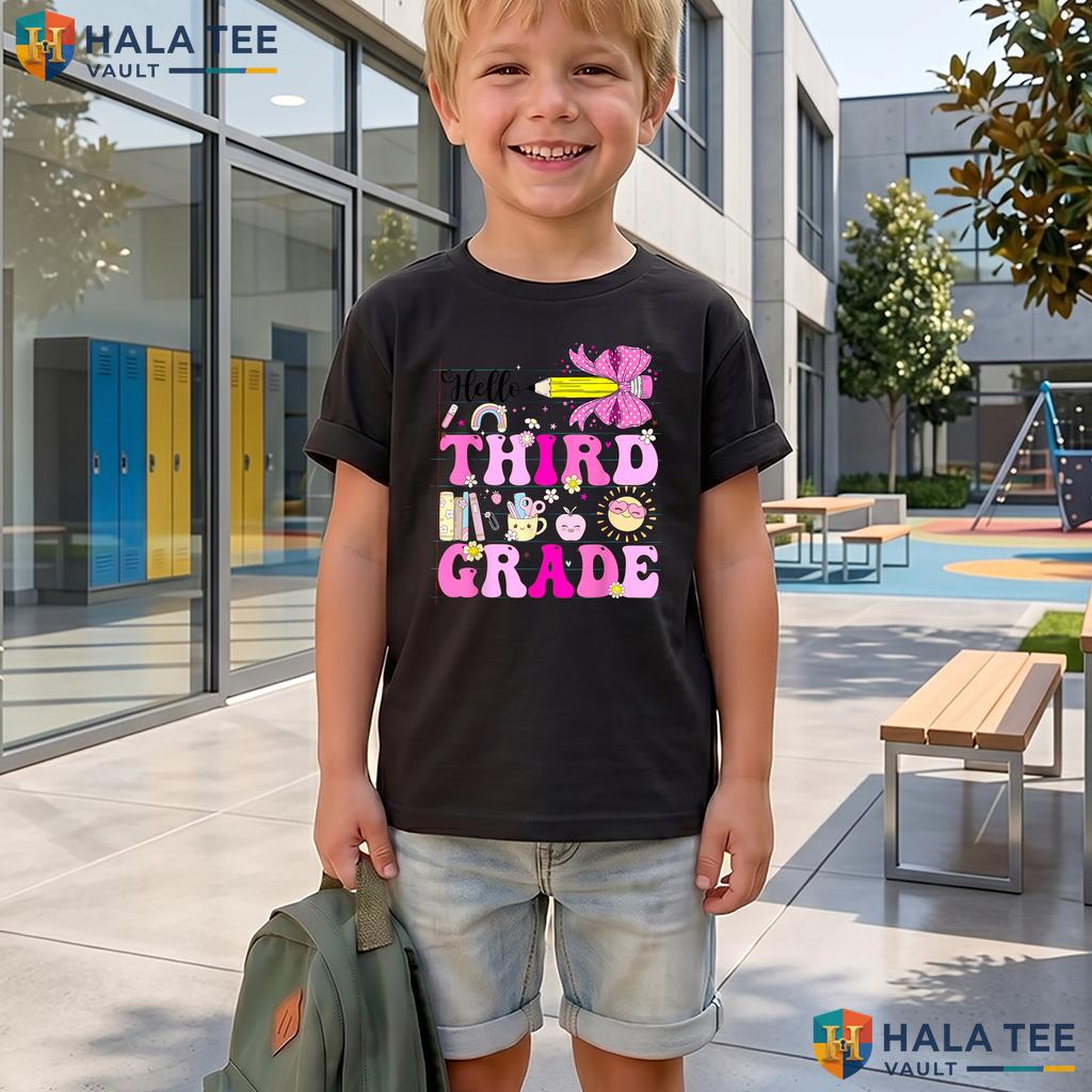 Hello 3rd Grade Pencil Bow Shirt Back To School Girls Graphic Apparel Adult