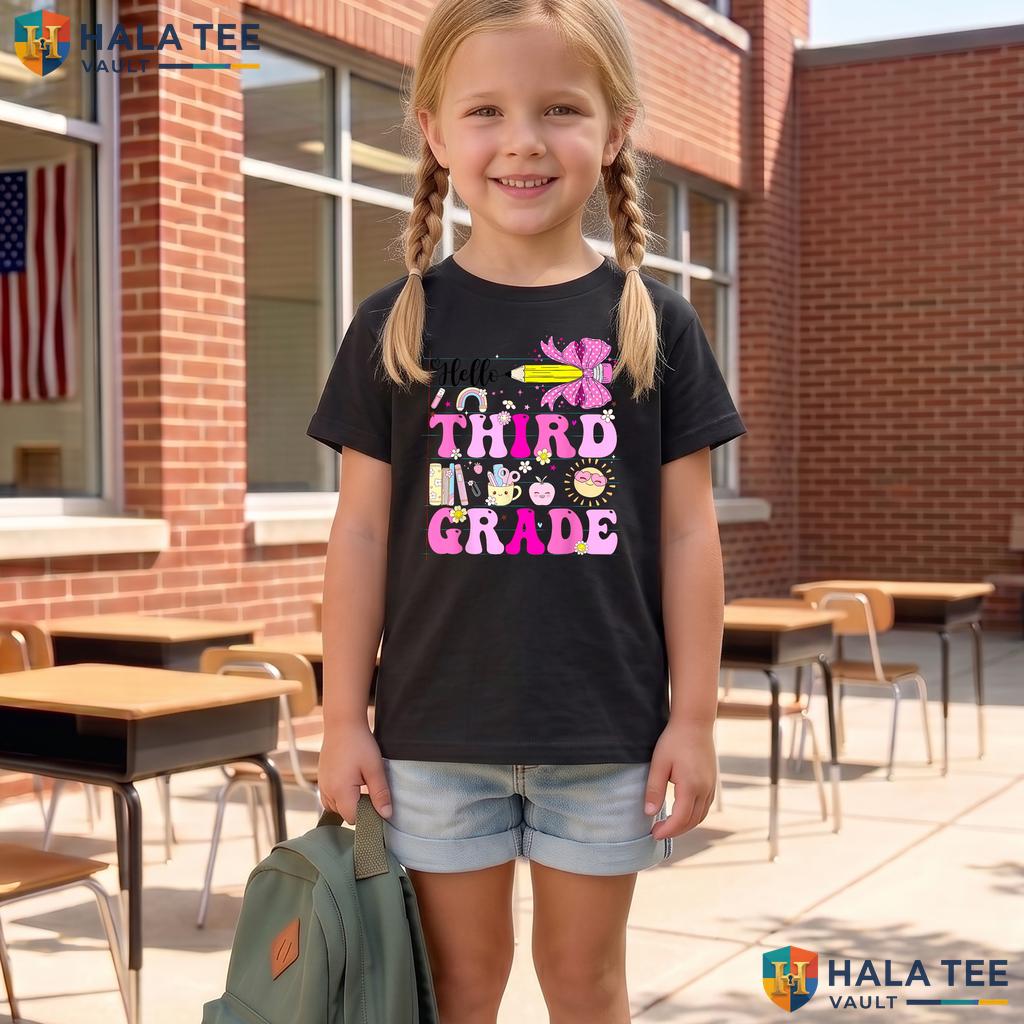 Hello 3rd Grade Pencil Bow Shirt Back To School Girls Graphic Apparel Adult