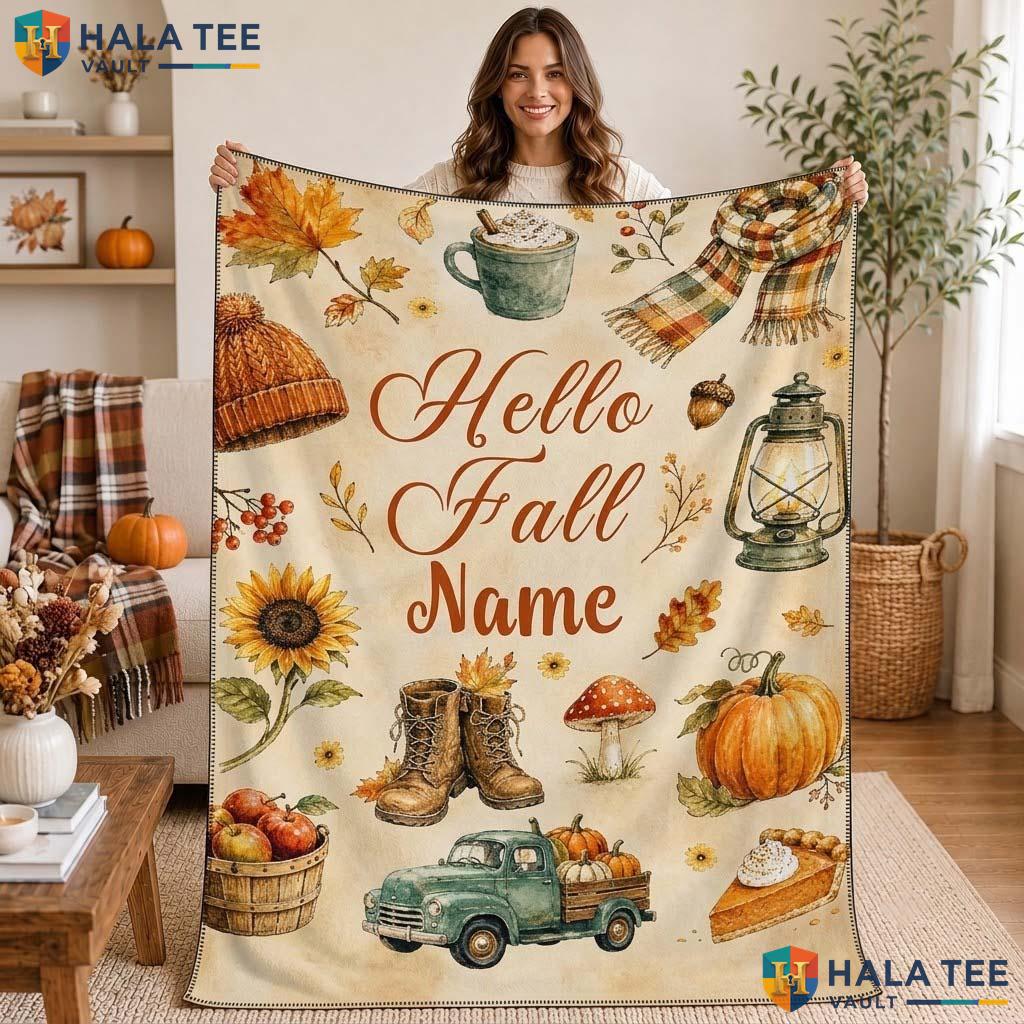 Hello Fall Halloween Blanket Personalized Cozy Autumn Kids Throw Gift