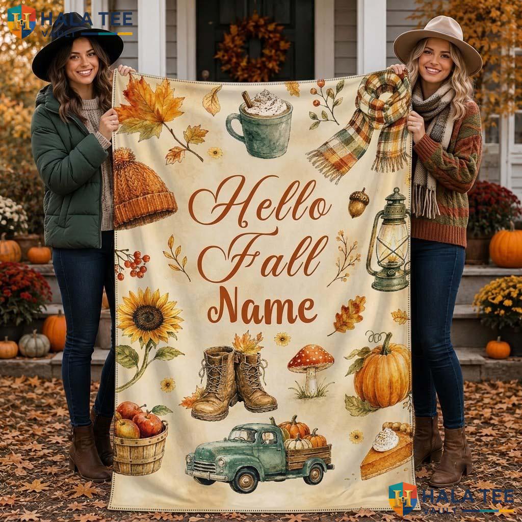 Hello Fall Halloween Blanket Personalized Cozy Autumn Kids Throw Gift