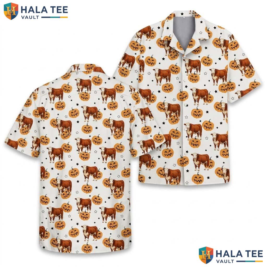 Hereford Cow Halloween Hawaiian Shirt Funny Spooky Pumpkin Aloha Top