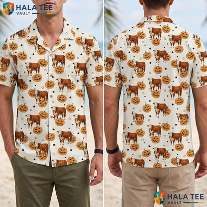 Hereford Cow Halloween Hawaiian Shirt Funny Spooky Pumpkin Aloha Top Adult