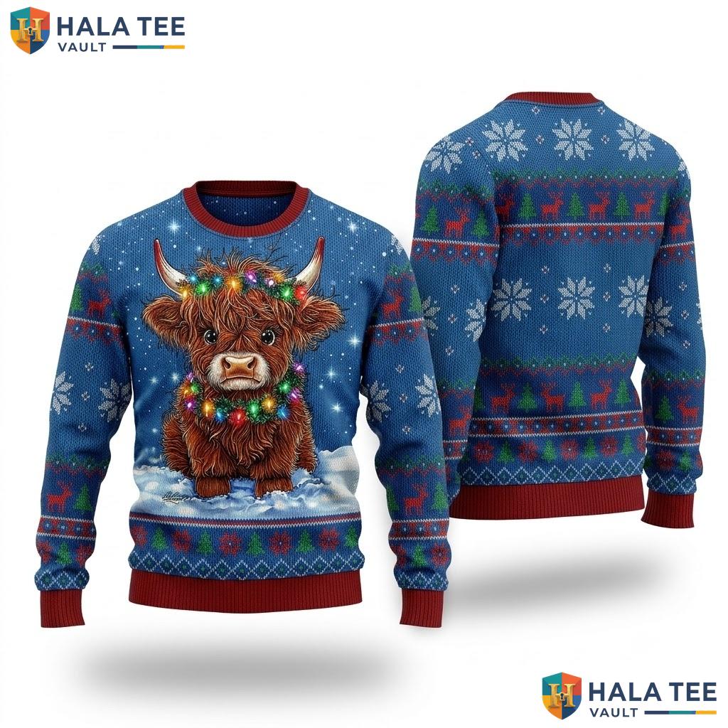 Highland Cow Brown Ugly Christmas Sweater Festive Womens Holiday Apparel