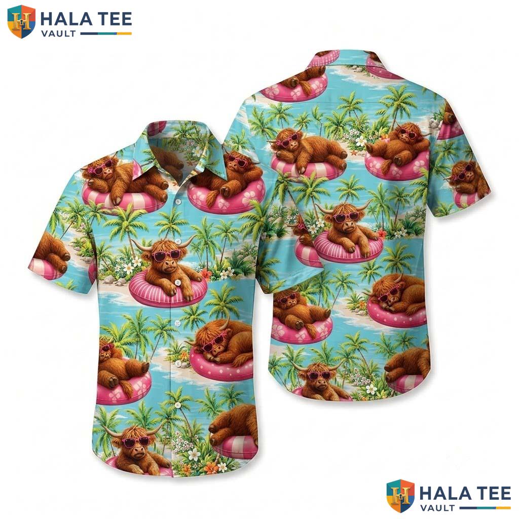 Highland Cow Farm Life Hawaiian Shirt Mens Aloha Button Down Vacation