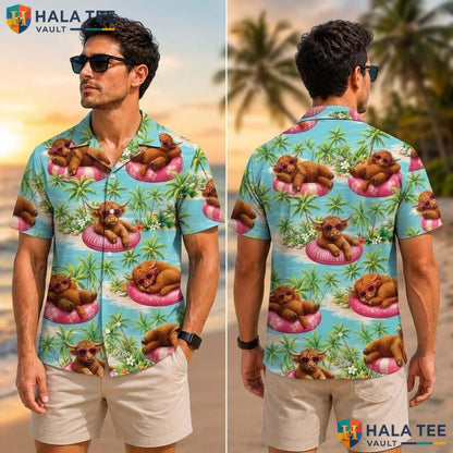 Highland Cow Farm Life Tropical Shirt Mens Aloha Button Down Vacation