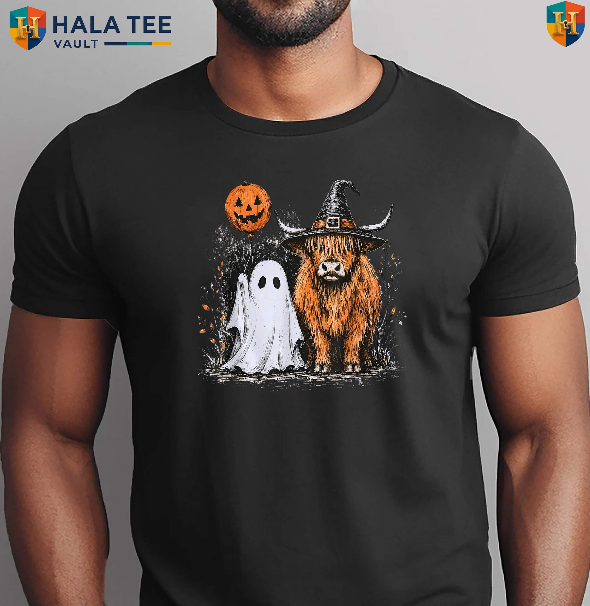 Highland Cow Ghost Halloween Shirt Cute Fall Autumn Pumpkin Spooky Graphic Top