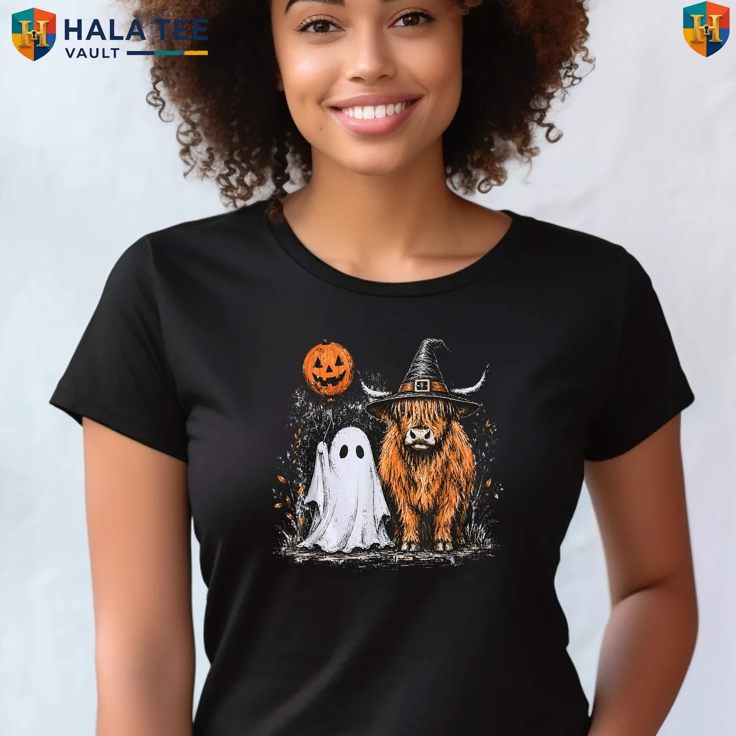 Highland Cow Ghost Halloween T-Shirt Cute Fall Autumn Pumpkin Spooky Graphic Top