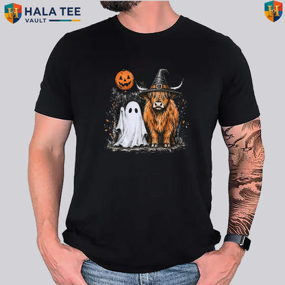 Highland Cow Ghost Halloween TShirt Cute Fall Autumn Pumpkin Spooky Graphic Top