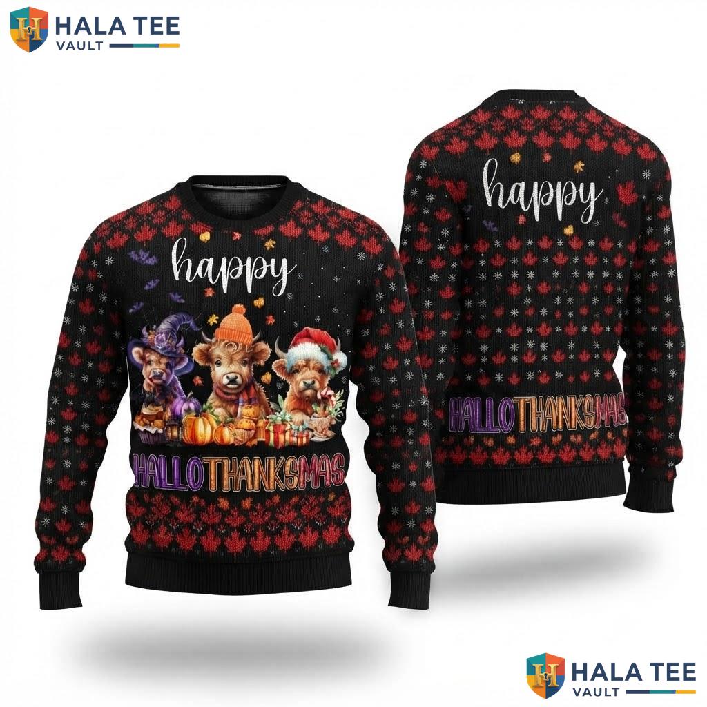 Highland Cow Hallothanksmas Christmas Sweater Happy Halloween Merry