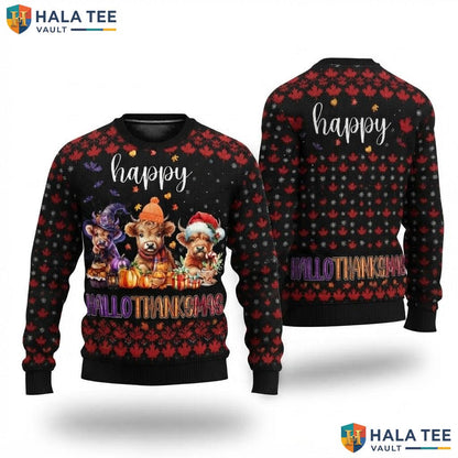 Highland Cow Hallothanksmas Christmas Sweater Happy Halloween Merry