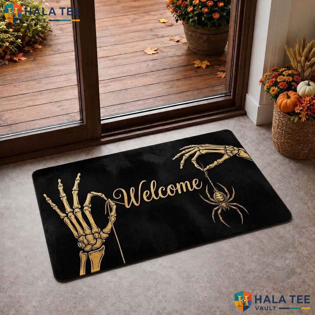Highland Cow Halloween Doormat Gothic Skeletal Hand Spider Welcome Rug
