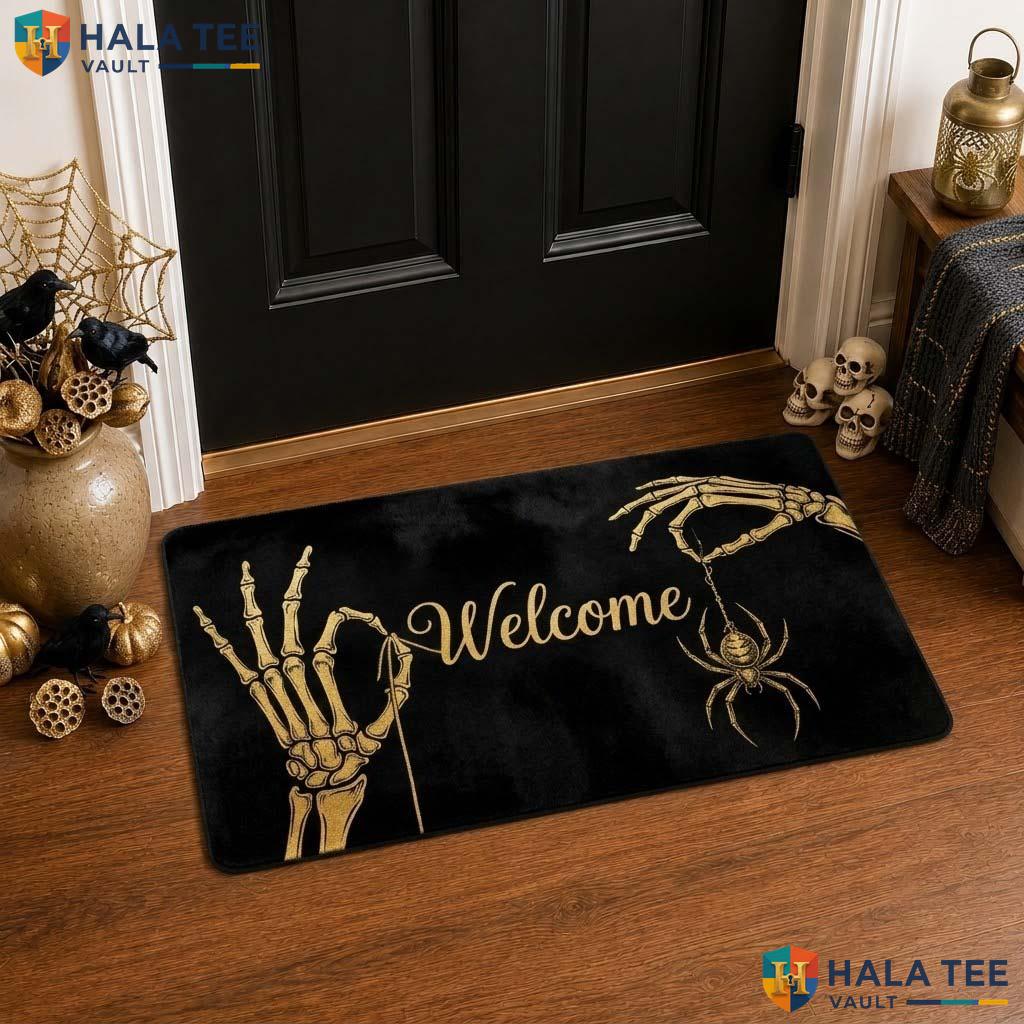 Highland Cow Halloween Front door mat Gothic Skeletal Hand Spider Welcome Rug