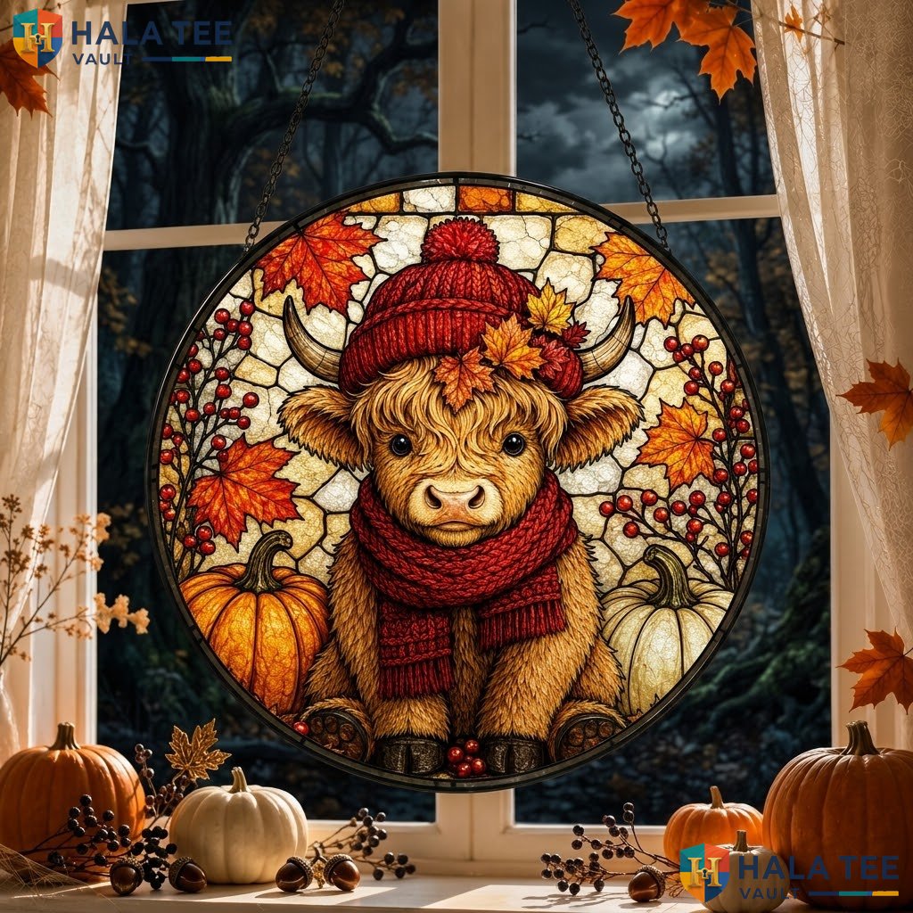 Highland Cow Halloween Stained Glass Suncatcher Autumn Pumpkin Leaf Decor