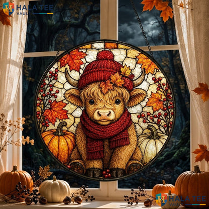 Highland Cow Halloween Stained Glass Suncatcher Autumn Pumpkin Leaf Decor
