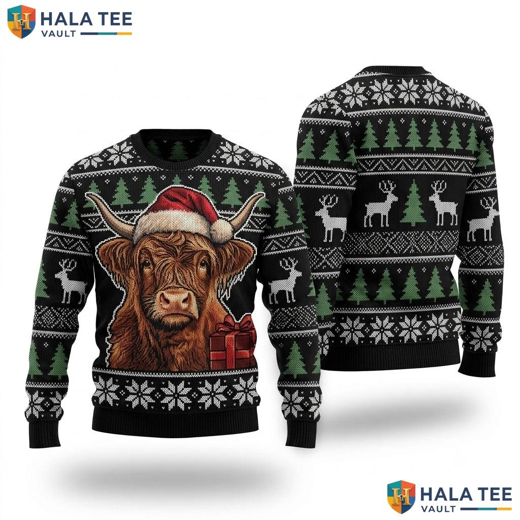 Highland Cow Reindeer Snowflake Ugly Sweater Funny Christmas Festive Top