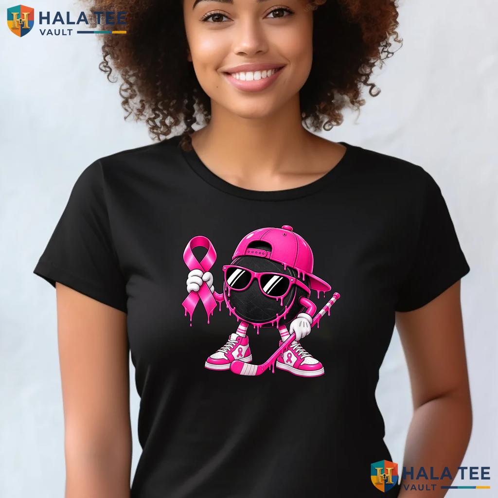 Hockey Drip Pink Ribbon T-Shirt Breast Cancer Awareness Support Top