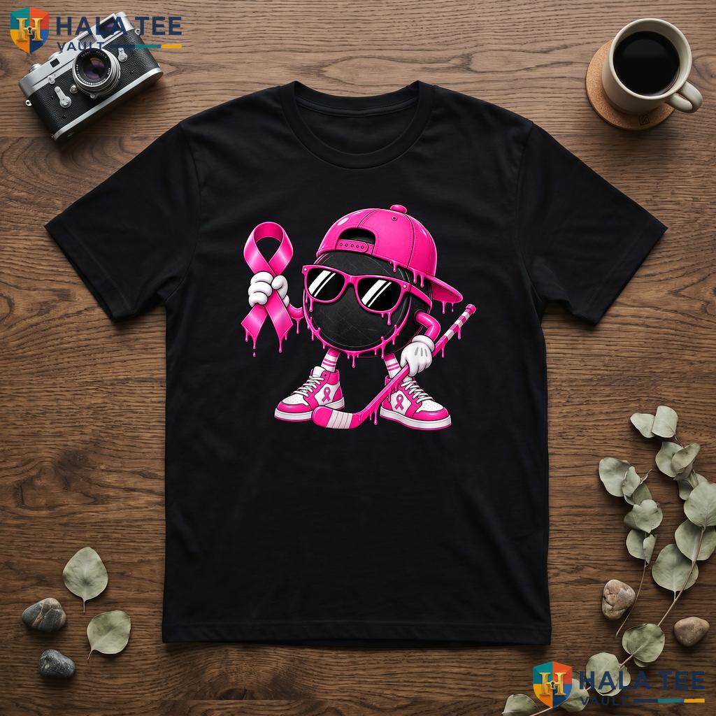 Hockey Drip Pink Ribbon T-Shirt Breast Cancer Awareness Support Top Adult