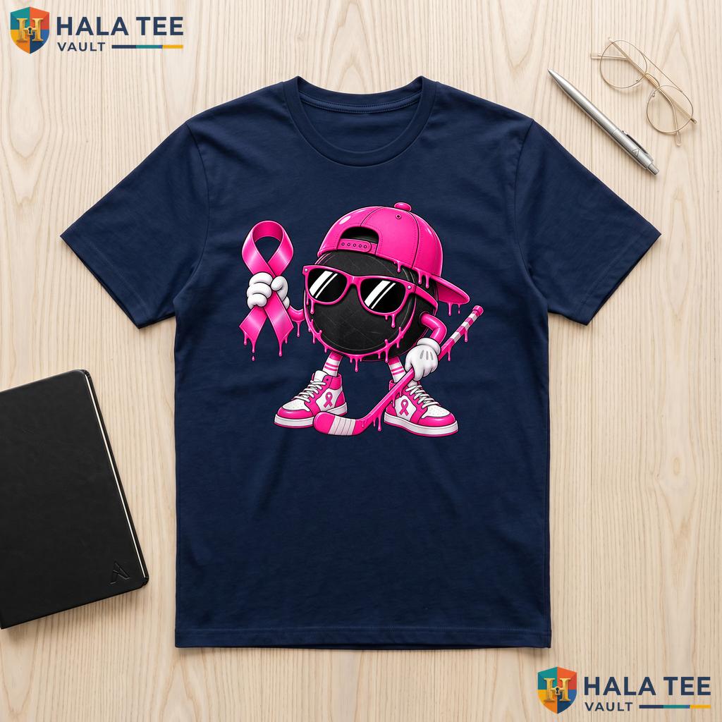 Hockey Drip Pink Ribbon T-Shirt Breast Cancer Awareness Support Top Adult
