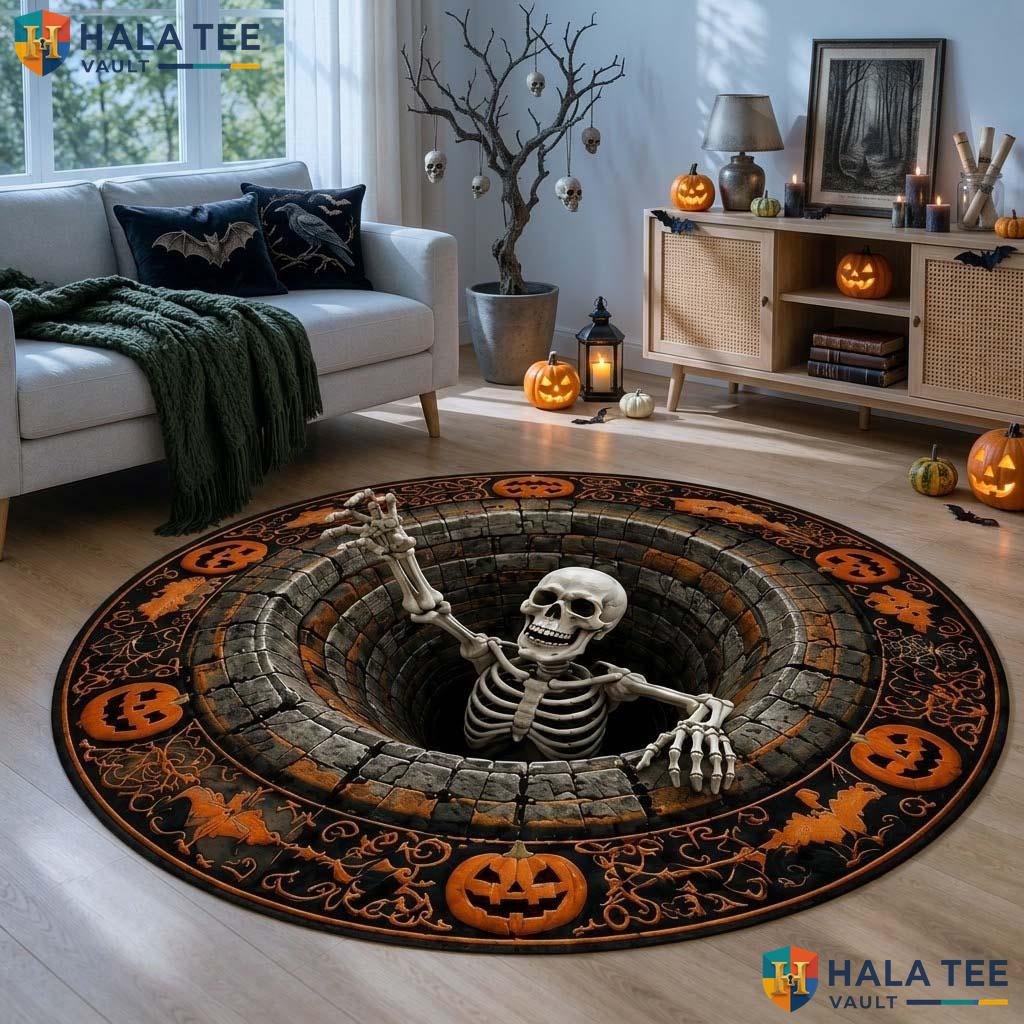 Hole Skeleton Halloween Round Area Rug 3D Spooky Pumpkin Illusion