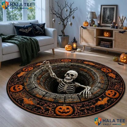 Hole Skeleton Halloween Round Area Rug 3D Spooky Pumpkin Illusion
