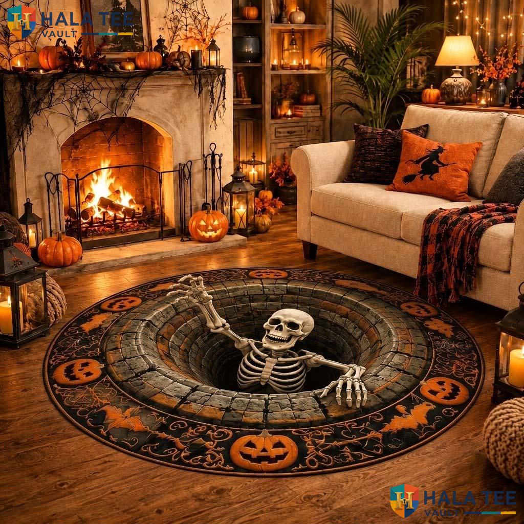 Hole Skeleton Halloween Round Area Rug 3D Spooky Pumpkin Illusion Adult