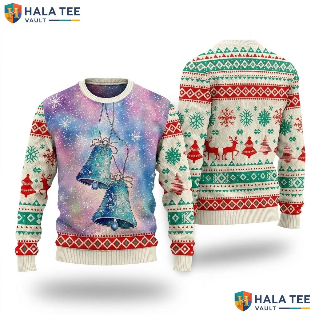 Holiday Bells Galaxy Ugly Christmas Sweater Playful Colorful Womens Top