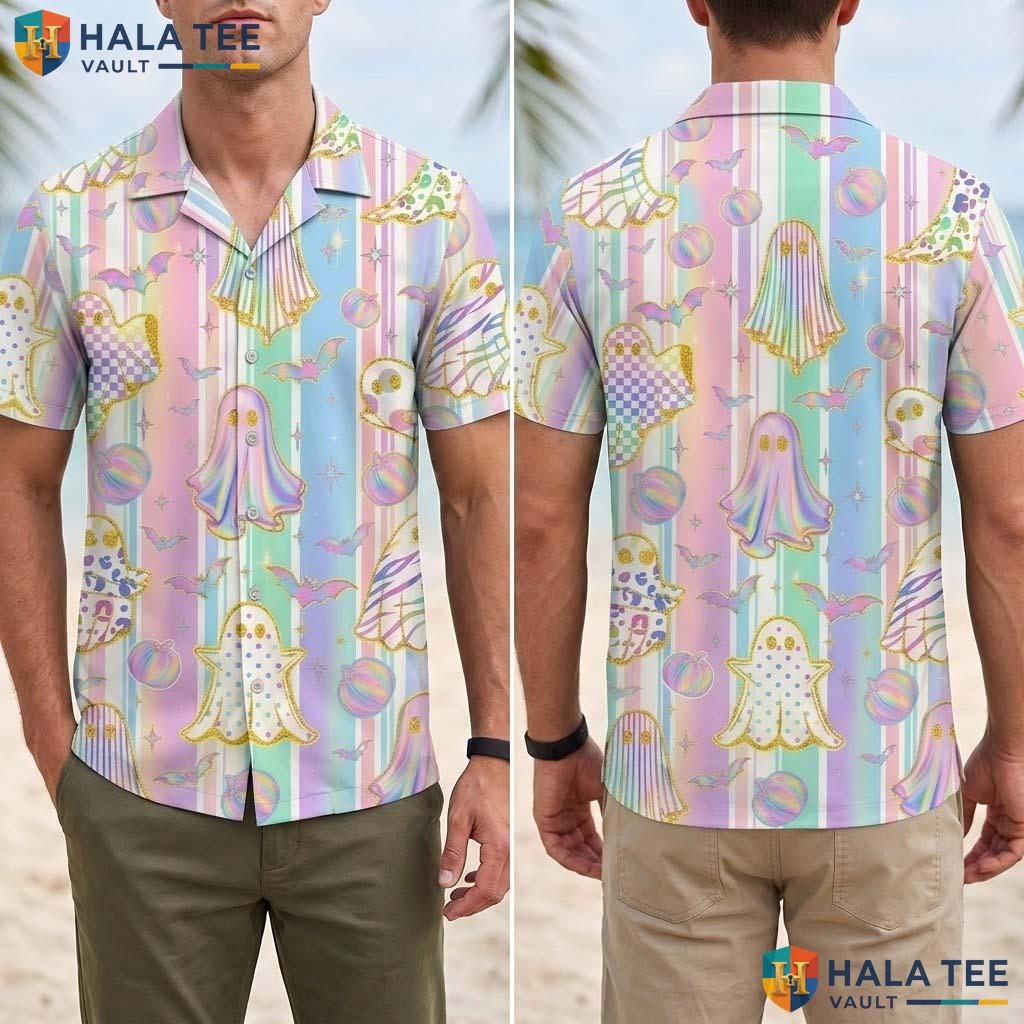 Holographic Ghost Halloween Hawaiian Shirt Cute Pastel Pumpkin Aloha Adult