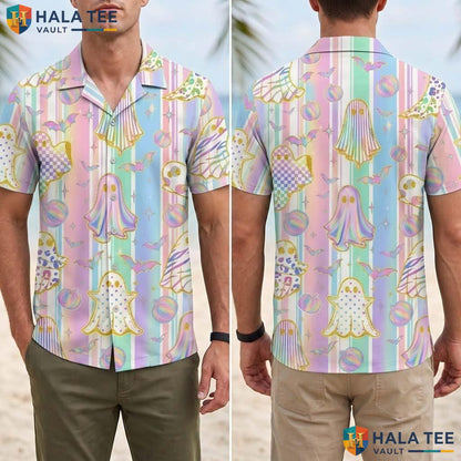 Holographic Ghost Halloween Hawaiian Shirt Cute Pastel Pumpkin Aloha Adult