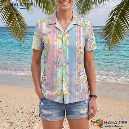 Holographic Ghost Halloween Hawaiian Shirt Cute Pastel Pumpkin Aloha Adult