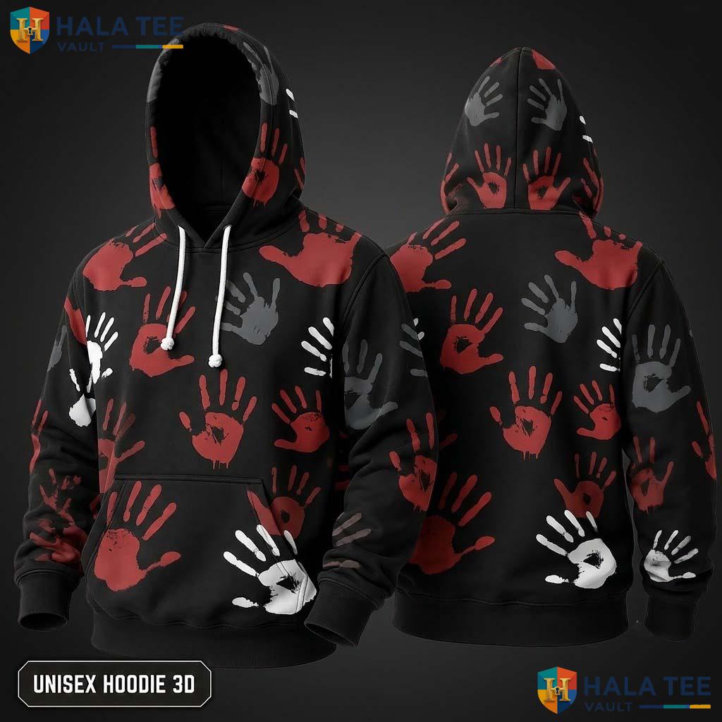 Horror Handprint 3D Hoodie Chaotic Spooky Red Gray Graphic Halloween