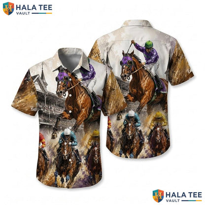 Horse Racing Aloha Shirt Vibrant Mens Tropical Floral Beach Party Top
