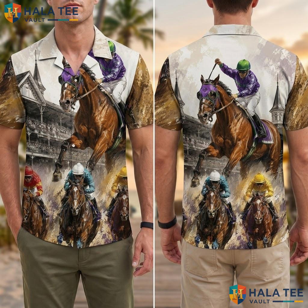 Horse Racing Aloha Shirt Vibrant Mens Tropical Floral Beach Party Top Adult